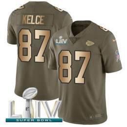 Chiefs #87 Travis Kelce Olive/Gold Super Bowl LIV 2020 Men's Stitched NFL Limited 2017 Salute To Service Jersey