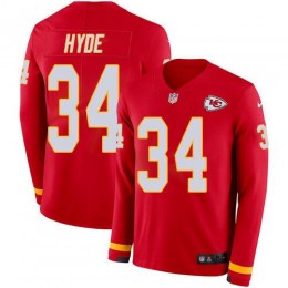 Kansas City Chiefs #34 Carlos Hyde Red Team Color Men's Stitched NFL Limited Therma Long Sleeve Jersey