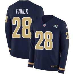 Los Angeles Rams #28 Marshall Faulk Navy Blue Team Color Men's Stitched NFL Limited Therma Long Sleeve Jersey