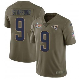 Rams #9 Matthew Stafford Olive Super Bowl LVI Patch Men's Stitched NFL Limited 2017 Salute To Service Jersey