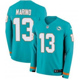 Dolphins #13 Dan Marino Aqua Green Team Color Men's Stitched NFL Limited Therma Long Sleeve Jersey