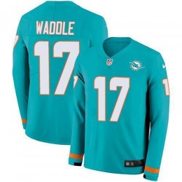 Dolphins #17 Jaylen Waddle Aqua Green Team Color Men's Stitched NFL Limited Therma Long Sleeve Jersey
