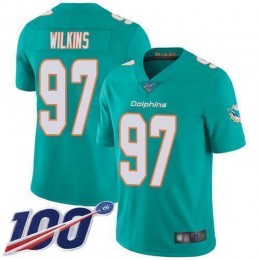 Miami Dolphins #97 Christian Wilkins Aqua Green Team Color Men's Stitched NFL 100th Season Vapor Limited Jersey