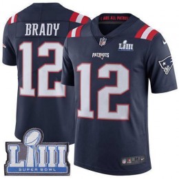 Patriots #12 Tom Brady Navy Blue Super Bowl LIII Bound Men's Stitched NFL Limited Rush Jersey