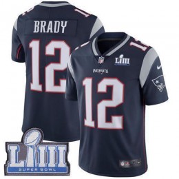 Patriots #12 Tom Brady Navy Blue Team Color Super Bowl LIII Bound Men's Stitched NFL Vapor Untouchable Limited Jersey
