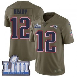 Patriots #12 Tom Brady Olive Super Bowl LIII Bound Men's Stitched NFL Limited 2017 Salute To Service Jersey