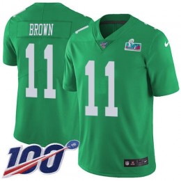 Eagles #11 A.J. Brown Green Super Bowl LVII Patch Men's Stitched NFL Limited Rush 100th Season Jersey