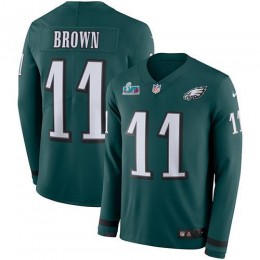 Eagles #11 A.J. Brown Green Team Color Super Bowl LVII Patch Men's Stitched NFL Limited Therma Long Sleeve Jersey