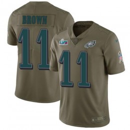 Eagles #11 A.J. Brown Olive Super Bowl LVII Patch Men's Stitched NFL Limited 2017 Salute To Service Jersey