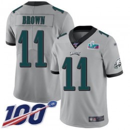 Eagles #11 A.J. Brown Silver Super Bowl LVII Patch Men's Stitched NFL Limited Inverted Legend 100th Season Jersey