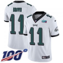 Eagles #11 A.J. Brown White Super Bowl LVII Patch Men's Stitched NFL 100th Season Vapor Untouchable Limited Jersey