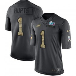 Eagles #1 Jalen Hurts Black Super Bowl LVII Patch Men's Stitched NFL Limited 2016 Salute To Service Jersey