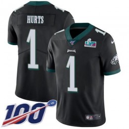 Eagles #1 Jalen Hurts Black Super Bowl LVII Patch Alternate Men's Stitched NFL 100th Season Vapor Limited Jersey