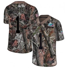Eagles #1 Jalen Hurts Camo Super Bowl LVII Patch Men's Stitched NFL Limited Rush Realtree Jersey