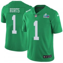 Eagles #1 Jalen Hurts Green Super Bowl LVII Patch Men's Stitched NFL Limited Rush Jersey