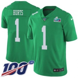 Eagles #1 Jalen Hurts Green Super Bowl LVII Patch Men's Stitched NFL Limited Rush 100th Season Jersey