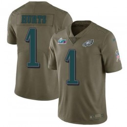 Eagles #1 Jalen Hurts Olive Super Bowl LVII Patch Men's Stitched NFL Limited 2017 Salute To Service Jersey
