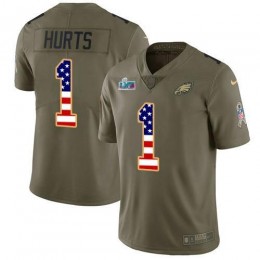 Eagles #1 Jalen Hurts Olive/USA Flag Super Bowl LVII Patch Men's Stitched NFL Limited 2017 Salute To Service Jersey