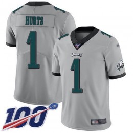 Eagles #1 Jalen Hurts Silver Men's Stitched NFL Limited Inverted Legend 100th Season Jersey