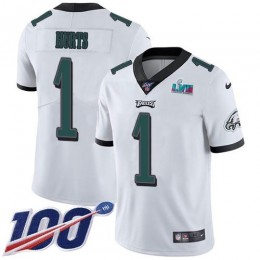 Eagles #1 Jalen Hurts White Super Bowl LVII Patch Men's Stitched NFL 100th Season Vapor Limited Jersey