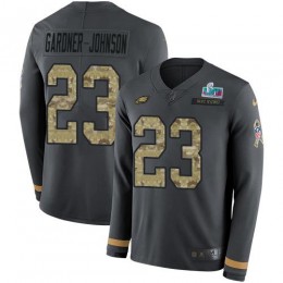 Eagles #23 C.J. Gardner-Johnson Anthracite Salute To Service Super Bowl LVII Patch Men's Stitched NFL Limited Therma Long Sleeve Jersey