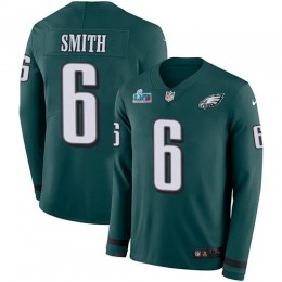 Eagles #6 DeVonta Smith Green Super Bowl LVII Patch Team Color Men's Stitched NFL Limited Therma Long Sleeve Jersey