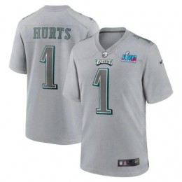 Philadelphia Eagles #1 Jalen Hurts Men's Super Bowl LVII Patch Atmosphere Fashion Game Jersey – Gray