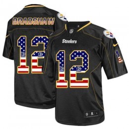 Steelers #12 Terry Bradshaw Black Men's Stitched NFL Elite USA Flag Fashion Jersey