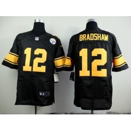 Steelers #12 Terry Bradshaw Black(Gold No.) Men's Stitched NFL Elite Jersey