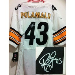 Steelers #43 Troy Polamalu White Men's Stitched NFL Elite Autographed Jersey