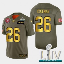 San Francisco 49ers #26 Tevin Coleman Men's Olive Gold Super Bowl LIV 2020 2019 Salute to Service NFL 100 Limited Jersey