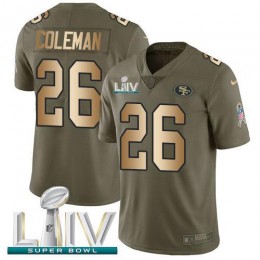 San Francisco 49ers #26 Tevin Coleman Olive/Gold Super Bowl LIV 2020 Men's Stitched NFL Limited 2017 Salute To Service Jersey
