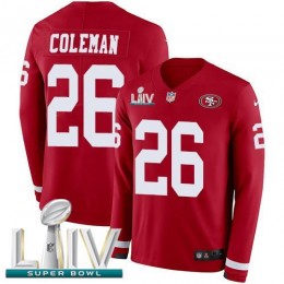 San Francisco 49ers #26 Tevin Coleman Red Super Bowl LIV 2020 Team Color Men's Stitched NFL Limited Therma Long Sleeve Jersey