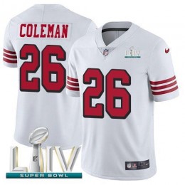 San Francisco 49ers #26 Tevin Coleman White Super Bowl LIV 2020 Rush Men's Stitched NFL Vapor Untouchable Limited Jersey
