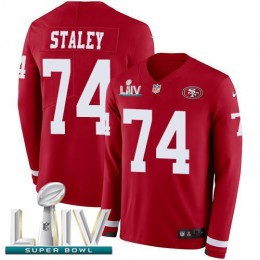 San Francisco 49ers #74 Joe Staley Red Super Bowl LIV 2020 Team Color Men's Stitched NFL Limited Therma Long Sleeve Jersey