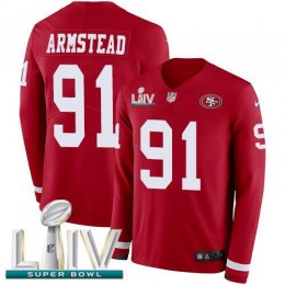 San Francisco 49ers #91 Arik Armstead Red Super Bowl LIV 2020 Team Color Men's Stitched NFL Limited Therma Long Sleeve Jersey
