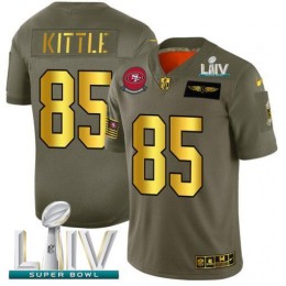 San Francisco 49ers #85 George Kittle NFL Men's Olive Gold Super Bowl LIV 2020 2019 Salute To Service Limited Jersey