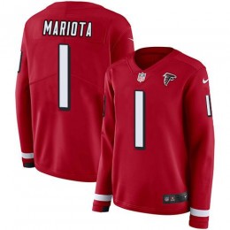 Falcons #1 Marcus Mariota Red Team Color Women's Stitched NFL Limited Therma Long Sleeve Jersey