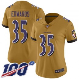 Baltimore Ravens #35 Gus Edwards Gold Women's Stitched NFL Limited Inverted Legend 100th Season Jersey