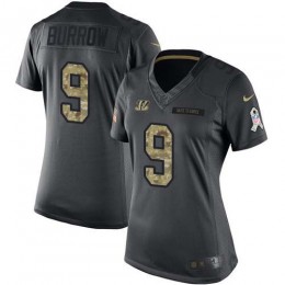 Bengals #9 Joe Burrow Black Women's Stitched NFL Limited 2016 Salute To Service Jersey