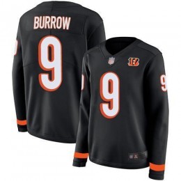 Bengals #9 Joe Burrow Black Team Color Women's Stitched NFL Limited Therma Long Sleeve Jersey