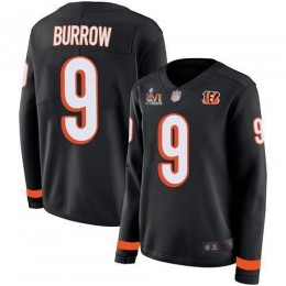 Bengals #9 Joe Burrow Black Team Color Super Bowl LVI Patch Women's Stitched NFL Limited Therma Long Sleeve Jersey