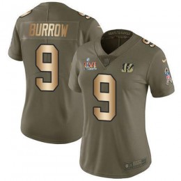 Bengals #9 Joe Burrow Olive/Gold Super Bowl LVI Patch Women's Stitched NFL Limited 2017 Salute To Service Jersey