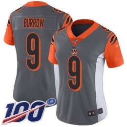 Bengals #9 Joe Burrow Silver Women's Stitched NFL Limited Inverted Legend 100th Season Jersey