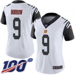 Bengals #9 Joe Burrow White Women's Stitched NFL Limited Rush 100th Season Jersey