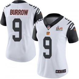 Bengals #9 Joe Burrow White Super Bowl LVI Patch Women's Stitched NFL Limited Rush Jersey