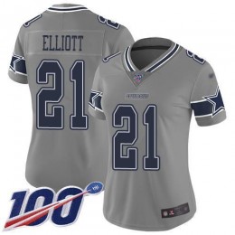Cowboys #21 Ezekiel Elliott Gray Women's Stitched NFL Limited Inverted Legend 100th Season Jersey