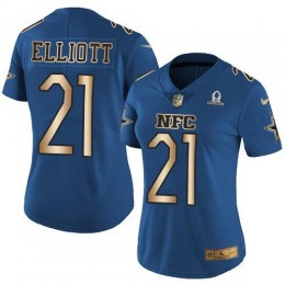 Cowboys #21 Ezekiel Elliott Navy Women's Stitched NFL Limited Gold NFC 2017 Pro Bowl Jersey