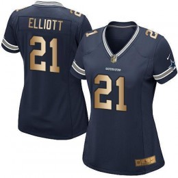 Cowboys #21 Ezekiel Elliott Navy Blue Team Color Women's Stitched NFL Elite Gold Jersey
