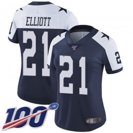 Cowboys #21 Ezekiel Elliott Navy Blue Thanksgiving Women's Stitched NFL 100th Season Vapor Throwback Limited Jersey